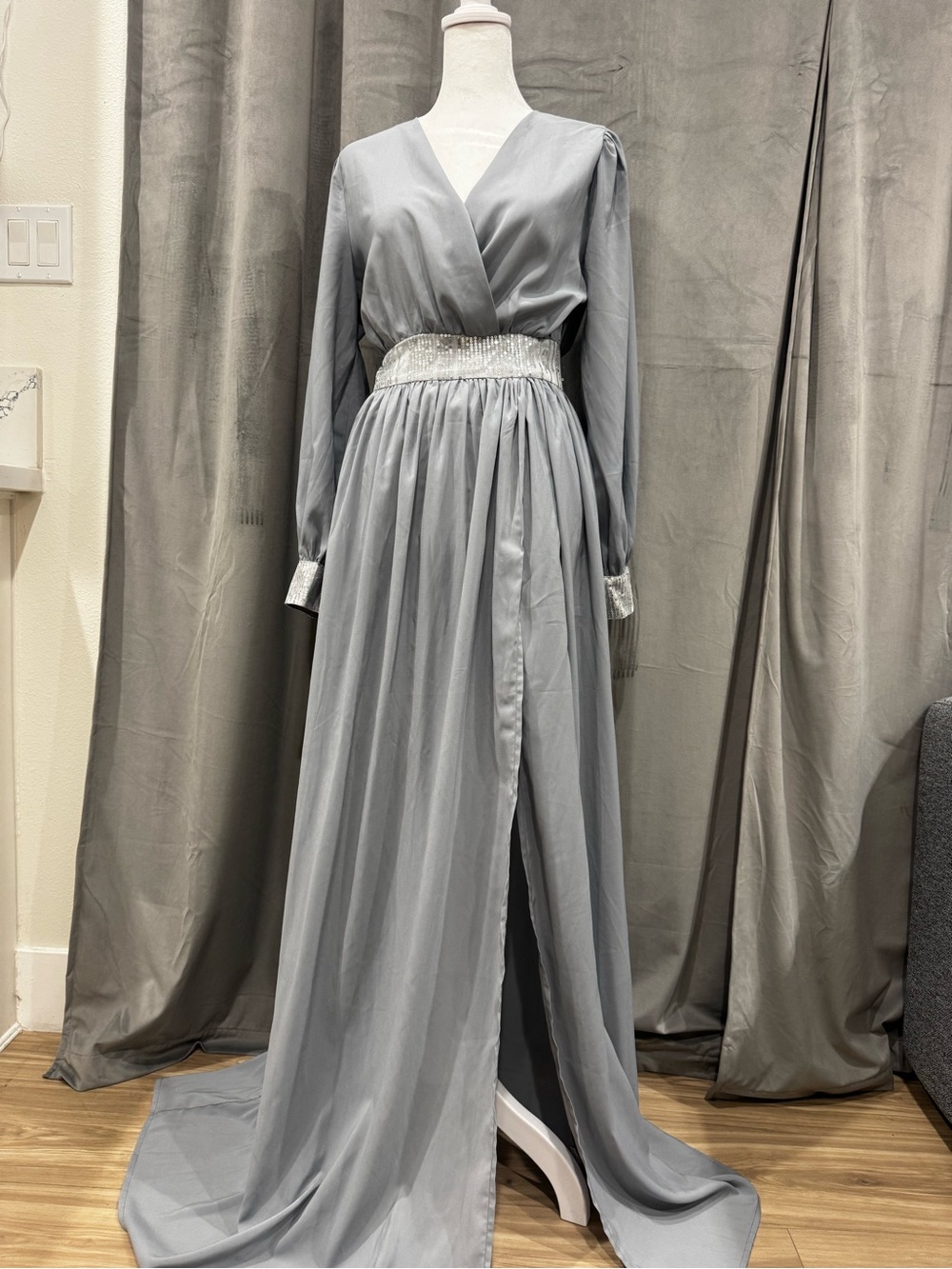 Silver Gray Chiffon Maxi Dress – Size M